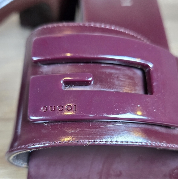 Authentic Gucci Plum Leather Wood Block Heel Slip On Slides Sandals Sz 37 US 6.5 - Picture 10 of 12
